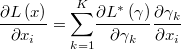  \frac{\partial L\left(x\right)}{\partial x_{i}}=\underset{k=1}{\overset{K}{\sum}}\frac{\partial L^{*}\left(\gamma\right)}{\partial\gamma_{k}}\frac{\partial\gamma_{k}}{\partial x_{i}}  