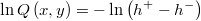  \ln Q\left(x,y\right) = -\ln\left(h^{+}-h^{-}\right)  