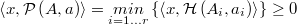  \left\langle x,\mathcal{P}\left(A,a\right)\right\rangle =  \underset{i=1\ldots r}{min}\left\{ \left\langle x,\mathcal{H}\left(A_i,a_i\right)\right\rangle \} \ge 0 